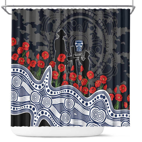 Geelong Cats ANZAC Day Shower Curtain Indigenous Dot Art with Poppy Flower Tribute