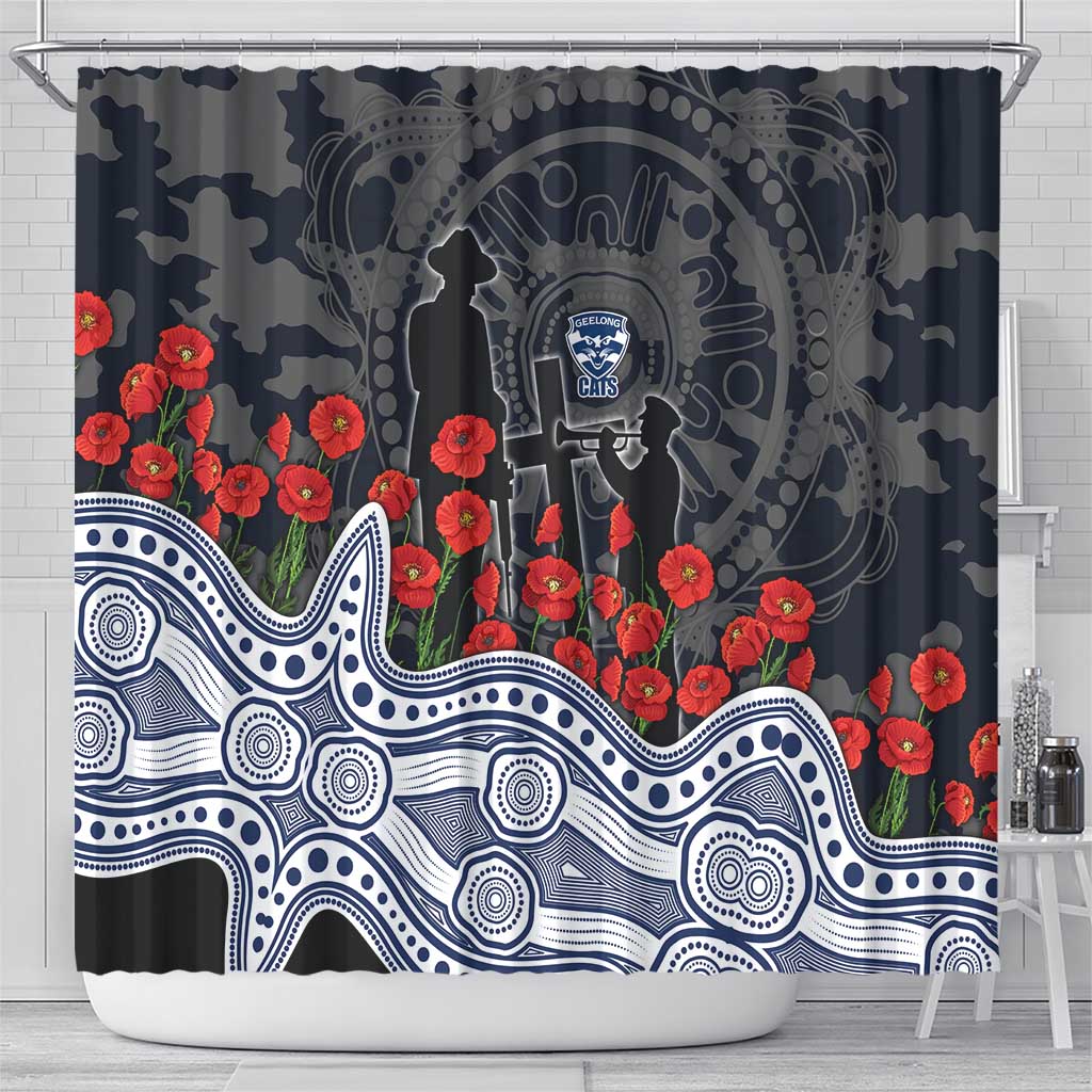 Geelong Cats ANZAC Day Shower Curtain Indigenous Dot Art with Poppy Flower Tribute
