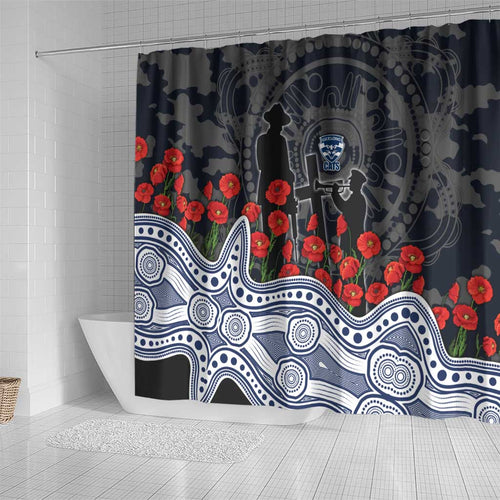 Geelong Cats ANZAC Day Shower Curtain Indigenous Dot Art with Poppy Flower Tribute