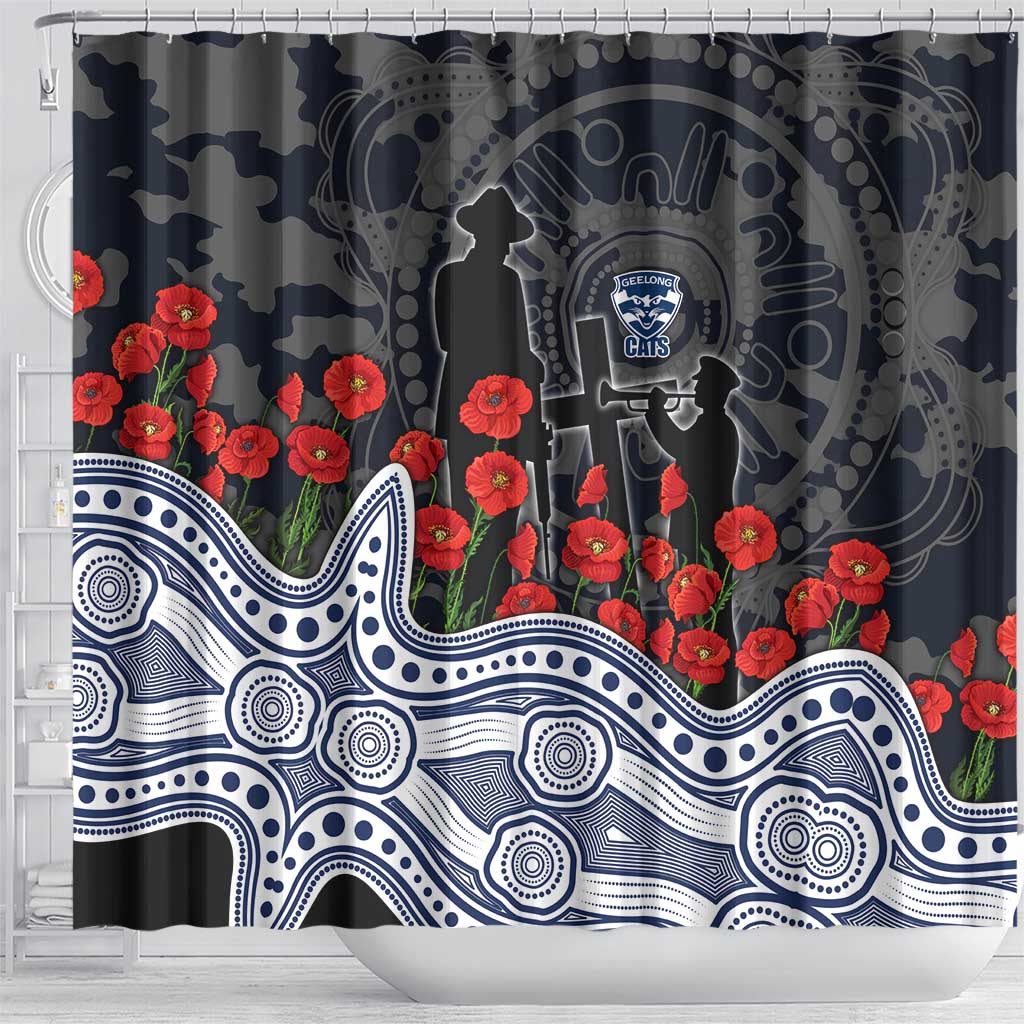 Geelong Cats ANZAC Day Shower Curtain Indigenous Dot Art with Poppy Flower Tribute