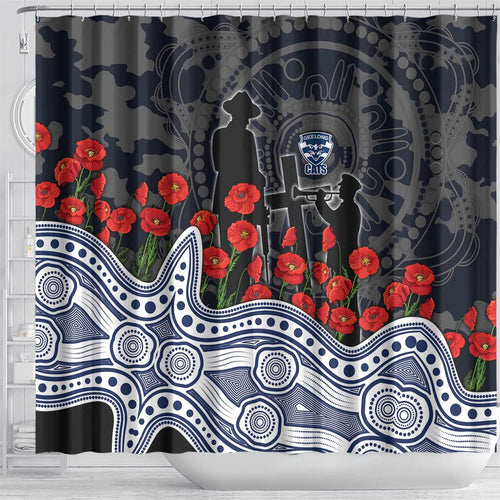 Geelong Cats ANZAC Day Shower Curtain Indigenous Dot Art with Poppy Flower Tribute