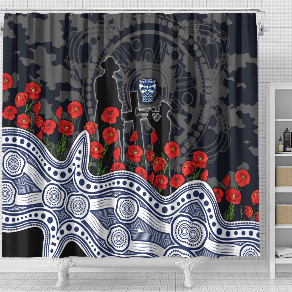 Geelong Cats ANZAC Day Shower Curtain Indigenous Dot Art with Poppy Flower Tribute