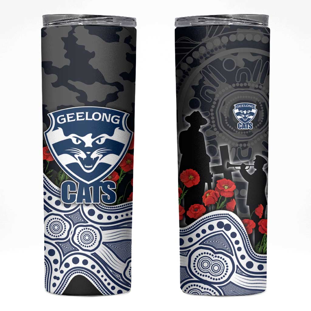 Geelong Cats ANZAC Day Skinny Tumbler Indigenous Dot Art with Poppy Flower Tribute