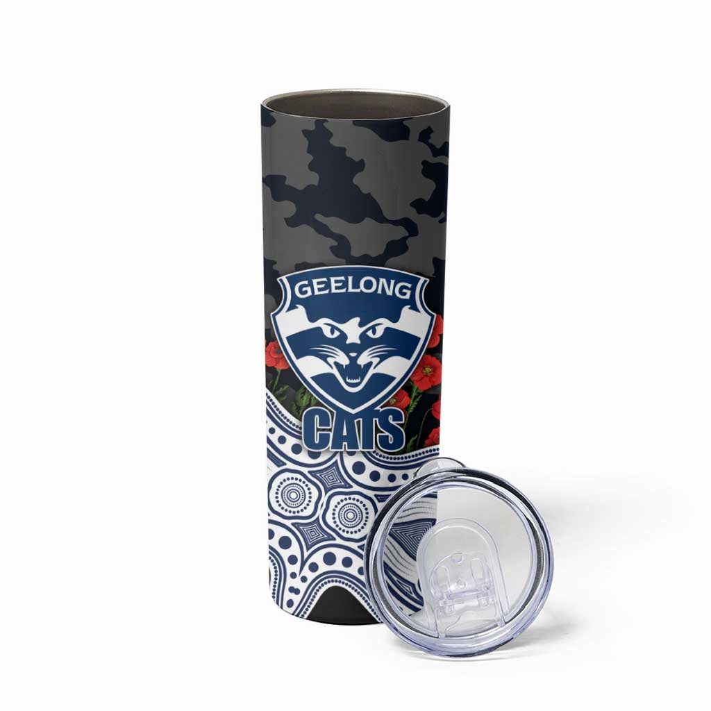 Geelong Cats ANZAC Day Skinny Tumbler Indigenous Dot Art with Poppy Flower Tribute