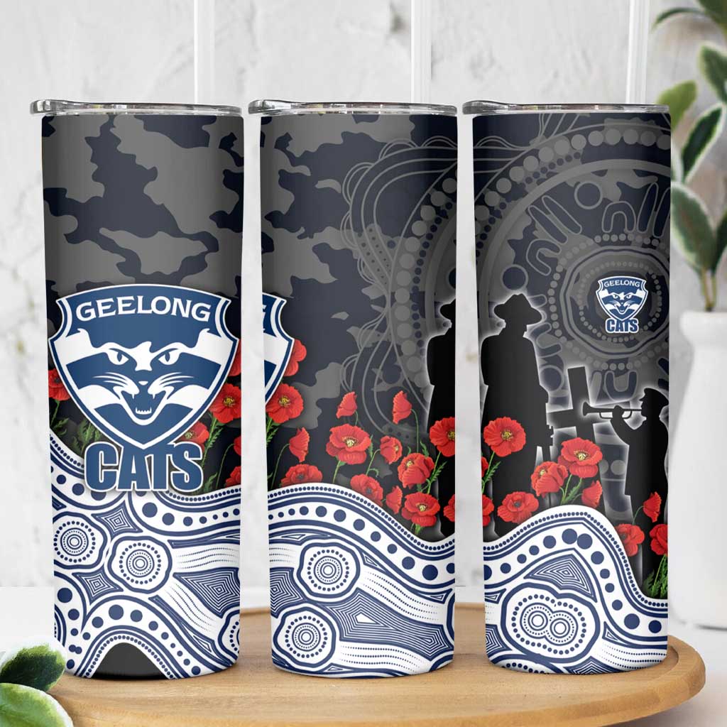 Geelong Cats ANZAC Day Skinny Tumbler Indigenous Dot Art with Poppy Flower Tribute