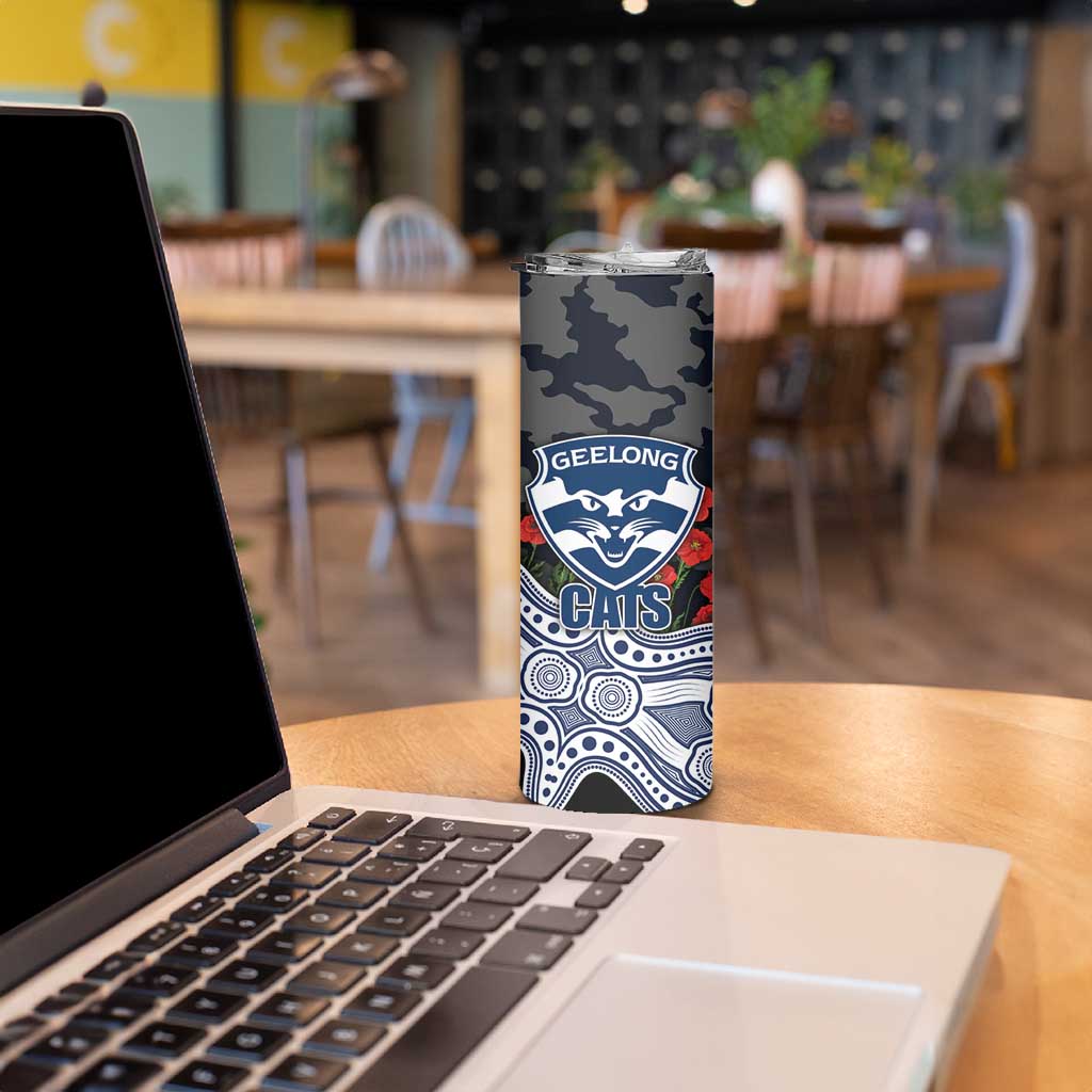 Geelong Cats ANZAC Day Skinny Tumbler Indigenous Dot Art with Poppy Flower Tribute