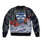Geelong Cats ANZAC Day Sleeve Zip Bomber Jacket Indigenous Dot Art with Poppy Flower Tribute