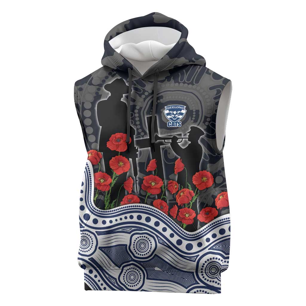 Geelong Cats ANZAC Day Sleeveless Hoodie Indigenous Dot Art with Poppy Flower Tribute