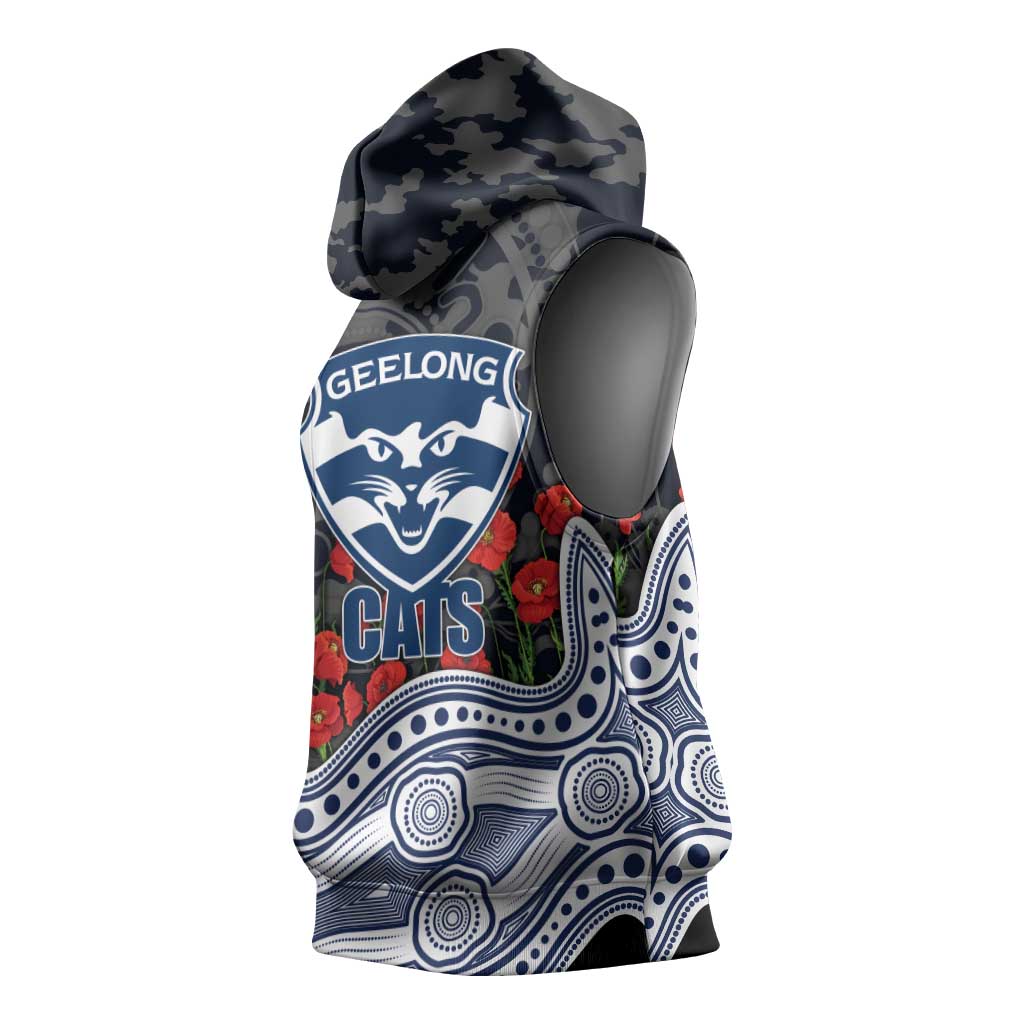 Geelong Cats ANZAC Day Sleeveless Hoodie Indigenous Dot Art with Poppy Flower Tribute