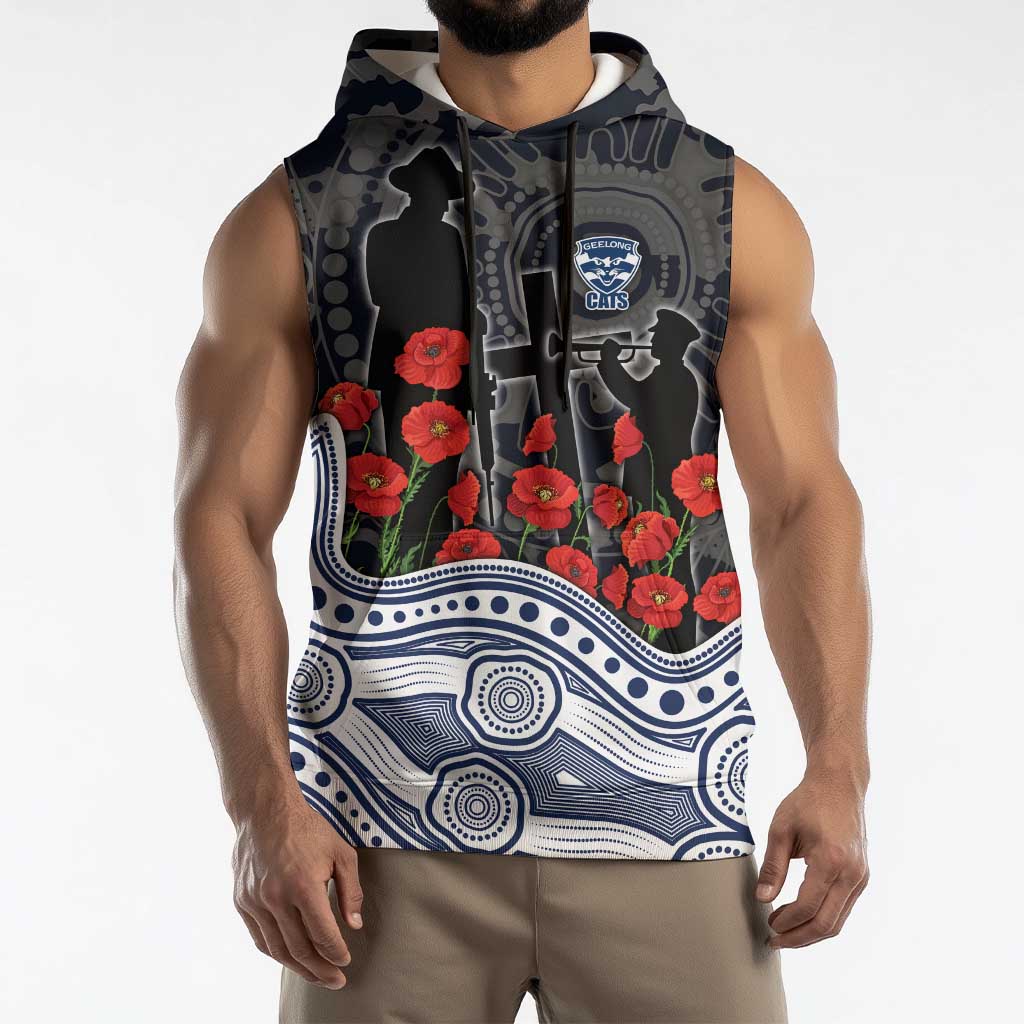 Geelong Cats ANZAC Day Sleeveless Hoodie Indigenous Dot Art with Poppy Flower Tribute