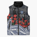Geelong Cats ANZAC Day Sleeveless Puffer Jacket Indigenous Dot Art with Poppy Flower Tribute