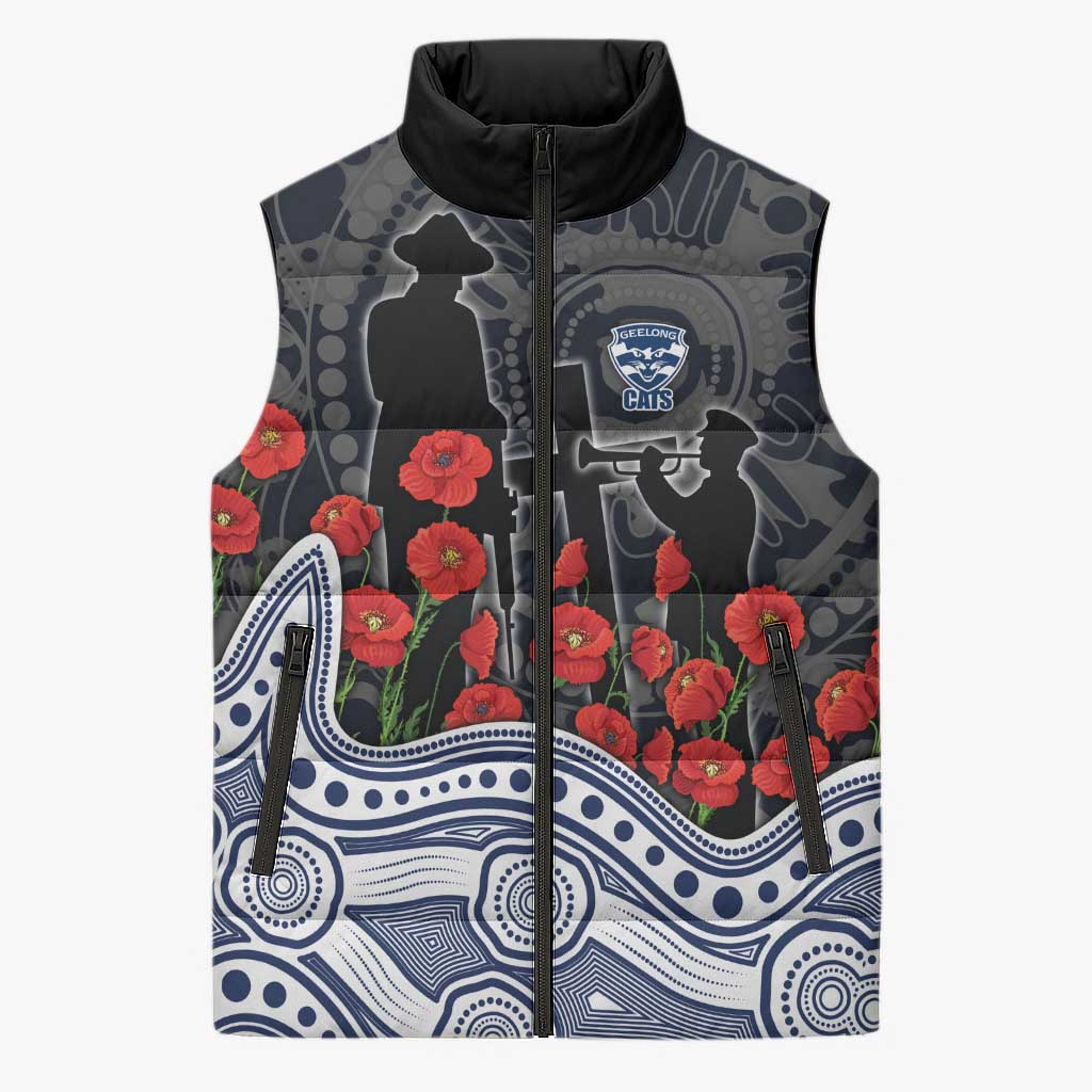 Geelong Cats ANZAC Day Sleeveless Puffer Jacket Indigenous Dot Art with Poppy Flower Tribute