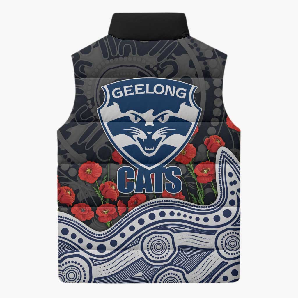 Geelong Cats ANZAC Day Sleeveless Puffer Jacket Indigenous Dot Art with Poppy Flower Tribute