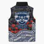 Geelong Cats ANZAC Day Sleeveless Puffer Jacket Indigenous Dot Art with Poppy Flower Tribute