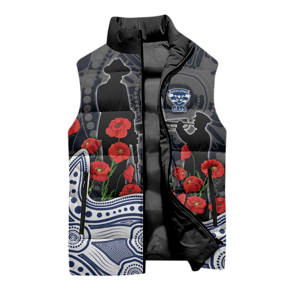 Geelong Cats ANZAC Day Sleeveless Puffer Jacket Indigenous Dot Art with Poppy Flower Tribute
