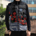 Geelong Cats ANZAC Day Sleeveless Puffer Jacket Indigenous Dot Art with Poppy Flower Tribute
