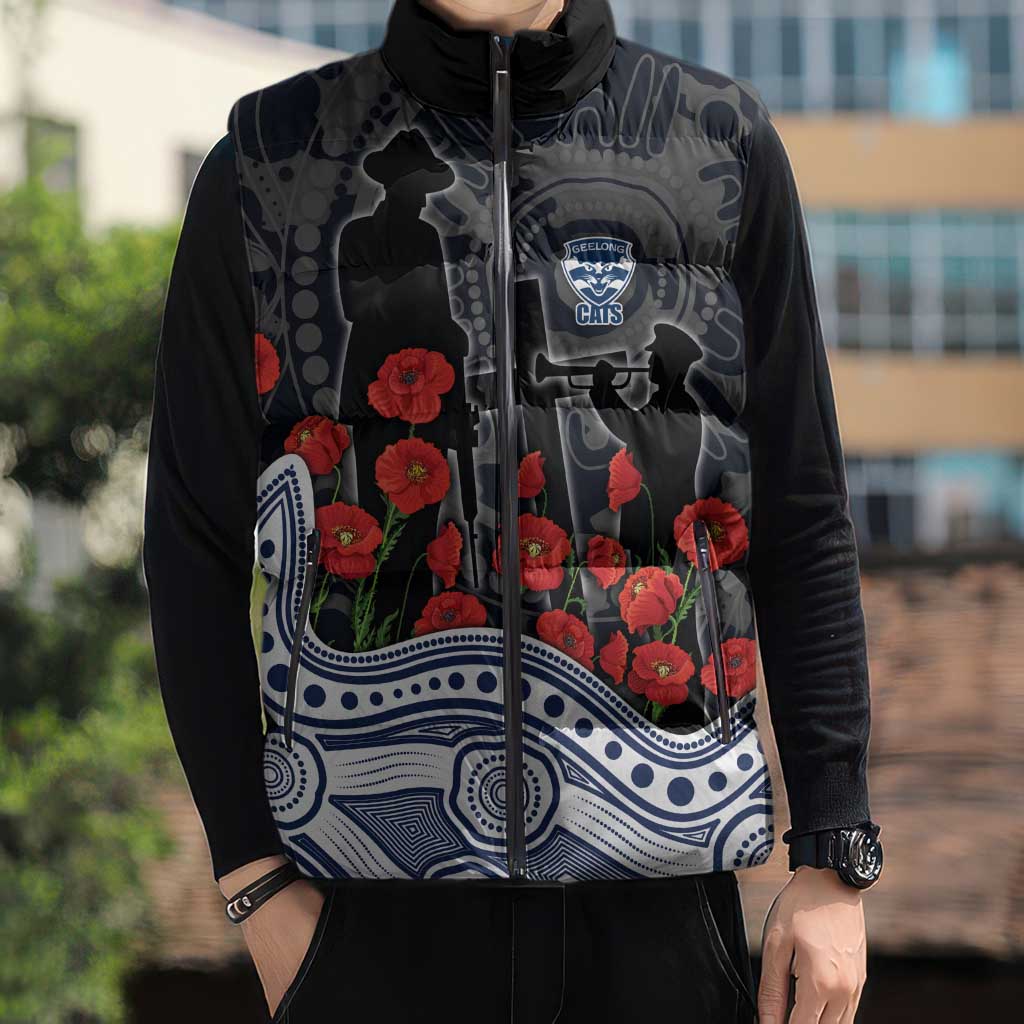 Geelong Cats ANZAC Day Sleeveless Puffer Jacket Indigenous Dot Art with Poppy Flower Tribute