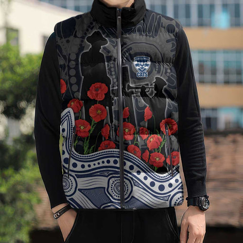 Geelong Cats ANZAC Day Sleeveless Puffer Jacket Indigenous Dot Art with Poppy Flower Tribute