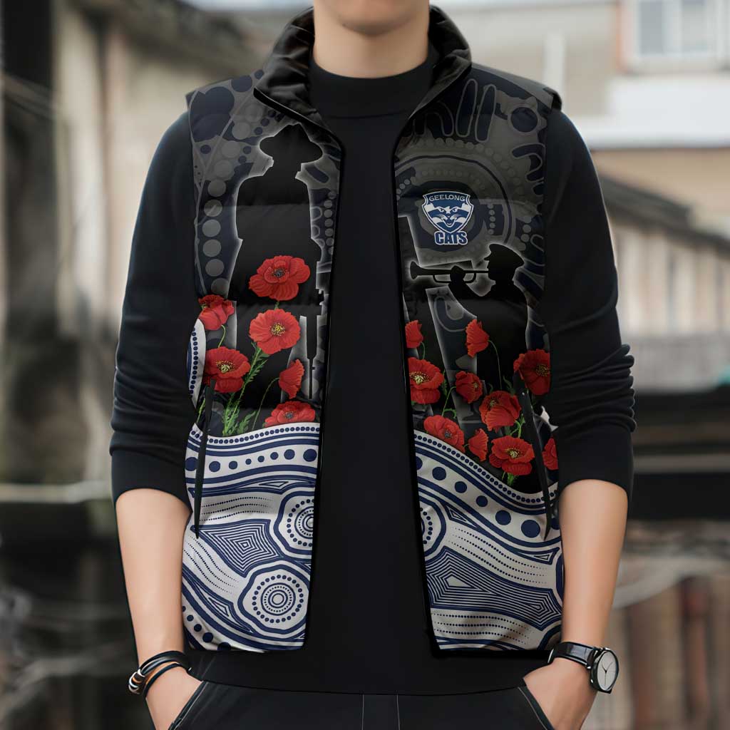 Geelong Cats ANZAC Day Sleeveless Puffer Jacket Indigenous Dot Art with Poppy Flower Tribute