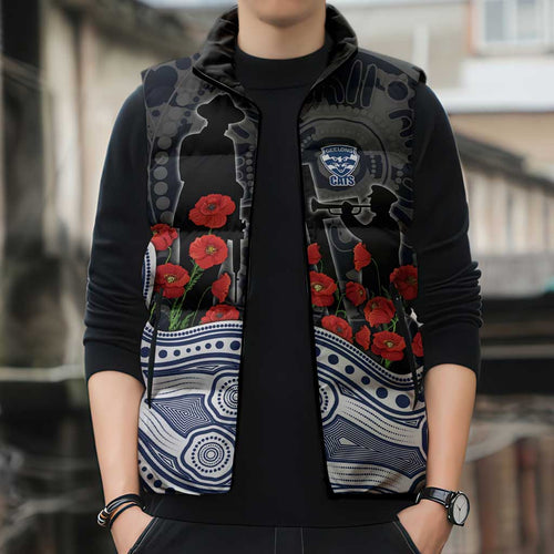 Geelong Cats ANZAC Day Sleeveless Puffer Jacket Indigenous Dot Art with Poppy Flower Tribute