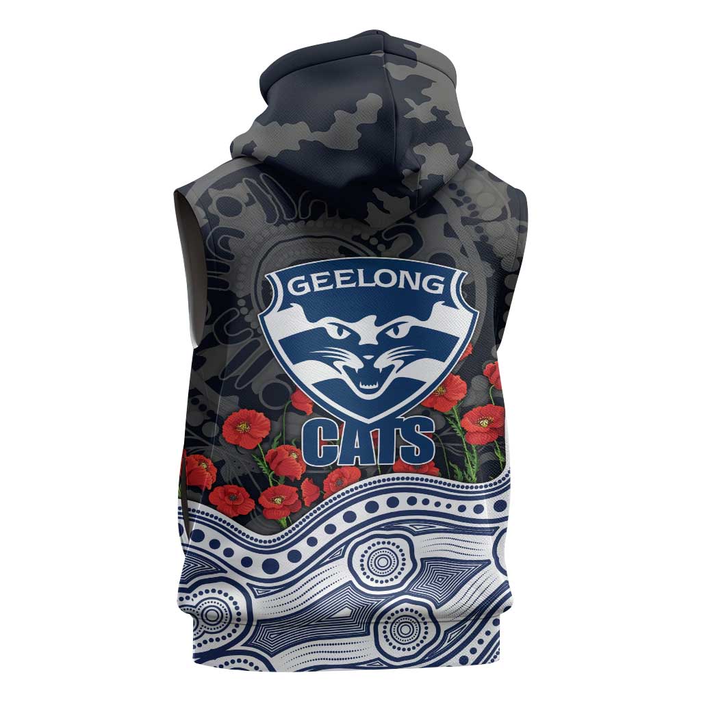Geelong Cats ANZAC Day Sleeveless Zip Hoodie Indigenous Dot Art with Poppy Flower Tribute