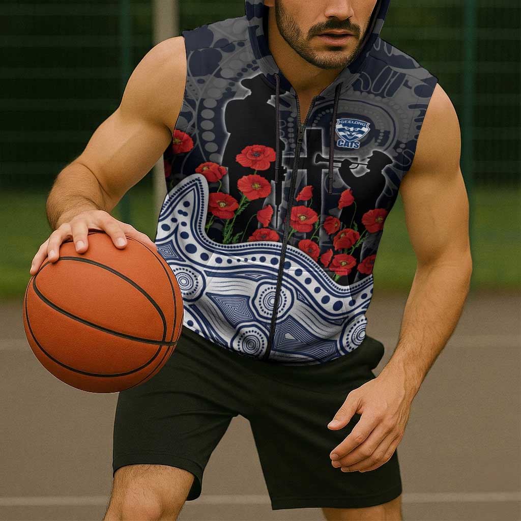 Geelong Cats ANZAC Day Sleeveless Zip Hoodie Indigenous Dot Art with Poppy Flower Tribute