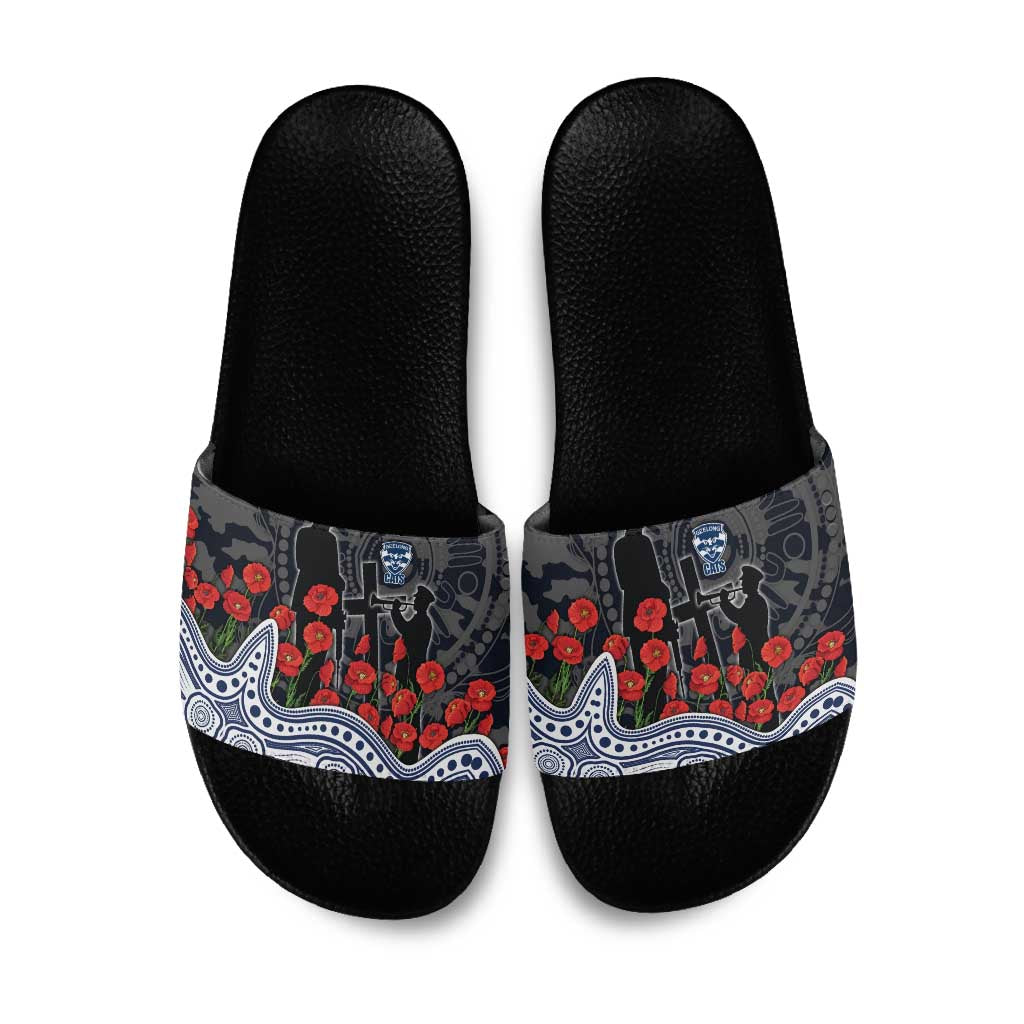 Geelong Cats ANZAC Day Slide Sandals Indigenous Dot Art with Poppy Flower Tribute