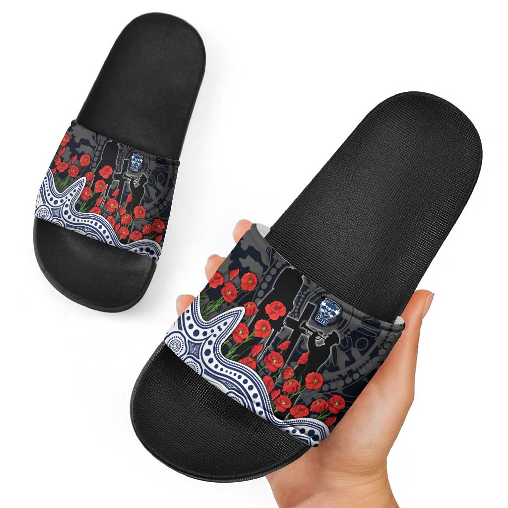 Geelong Cats ANZAC Day Slide Sandals Indigenous Dot Art with Poppy Flower Tribute