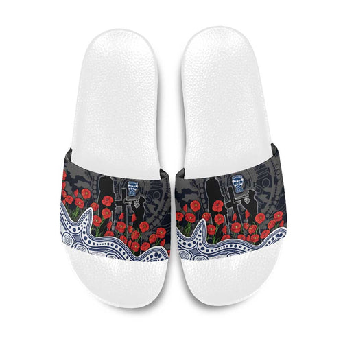 Geelong Cats ANZAC Day Slide Sandals Indigenous Dot Art with Poppy Flower Tribute