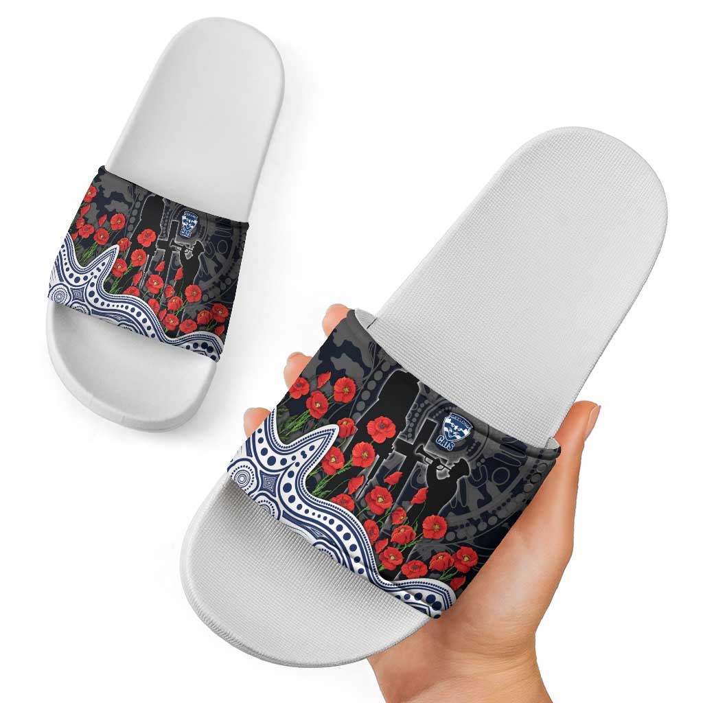 Geelong Cats ANZAC Day Slide Sandals Indigenous Dot Art with Poppy Flower Tribute