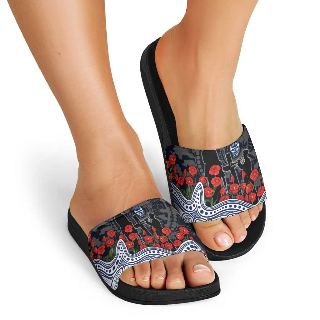 Geelong Cats ANZAC Day Slide Sandals Indigenous Dot Art with Poppy Flower Tribute