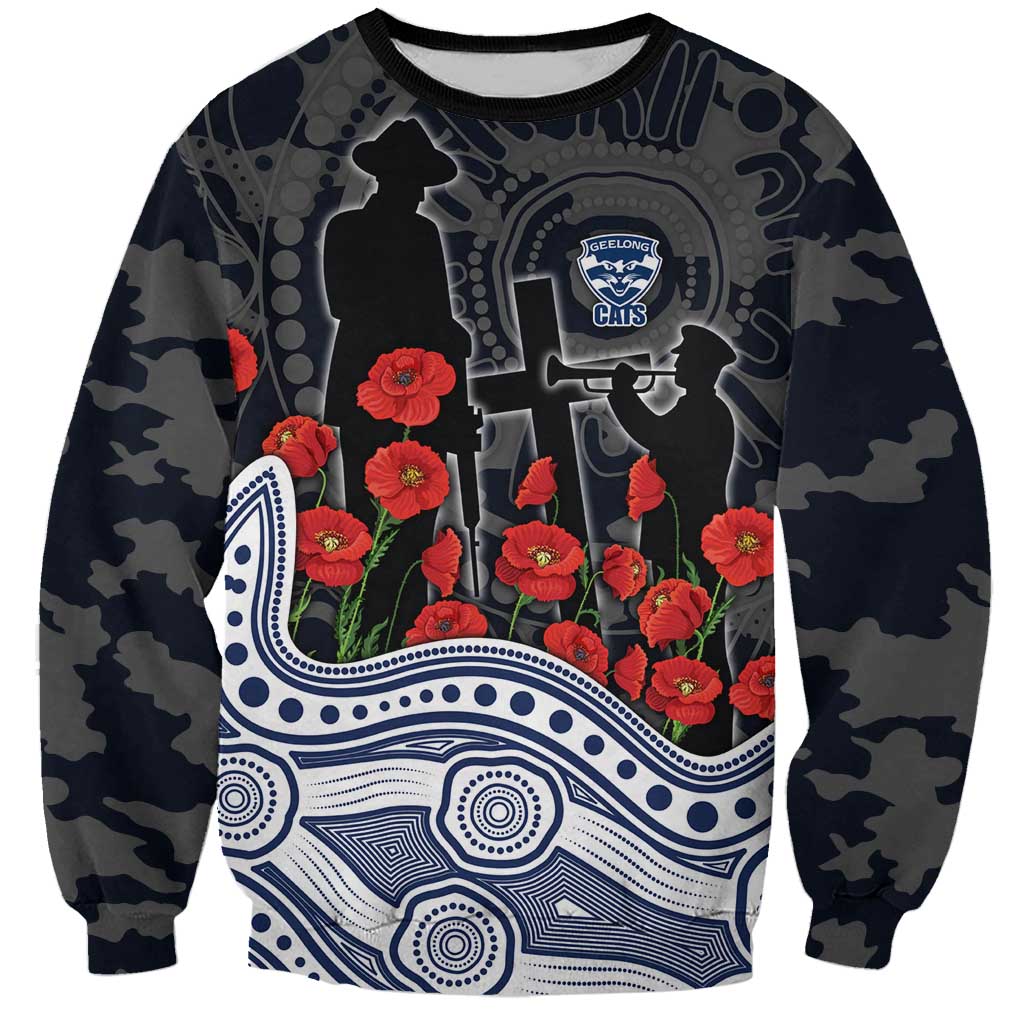 Geelong Cats ANZAC Day Sweatshirt Indigenous Dot Art with Poppy Flower Tribute