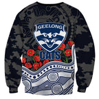 Geelong Cats ANZAC Day Sweatshirt Indigenous Dot Art with Poppy Flower Tribute
