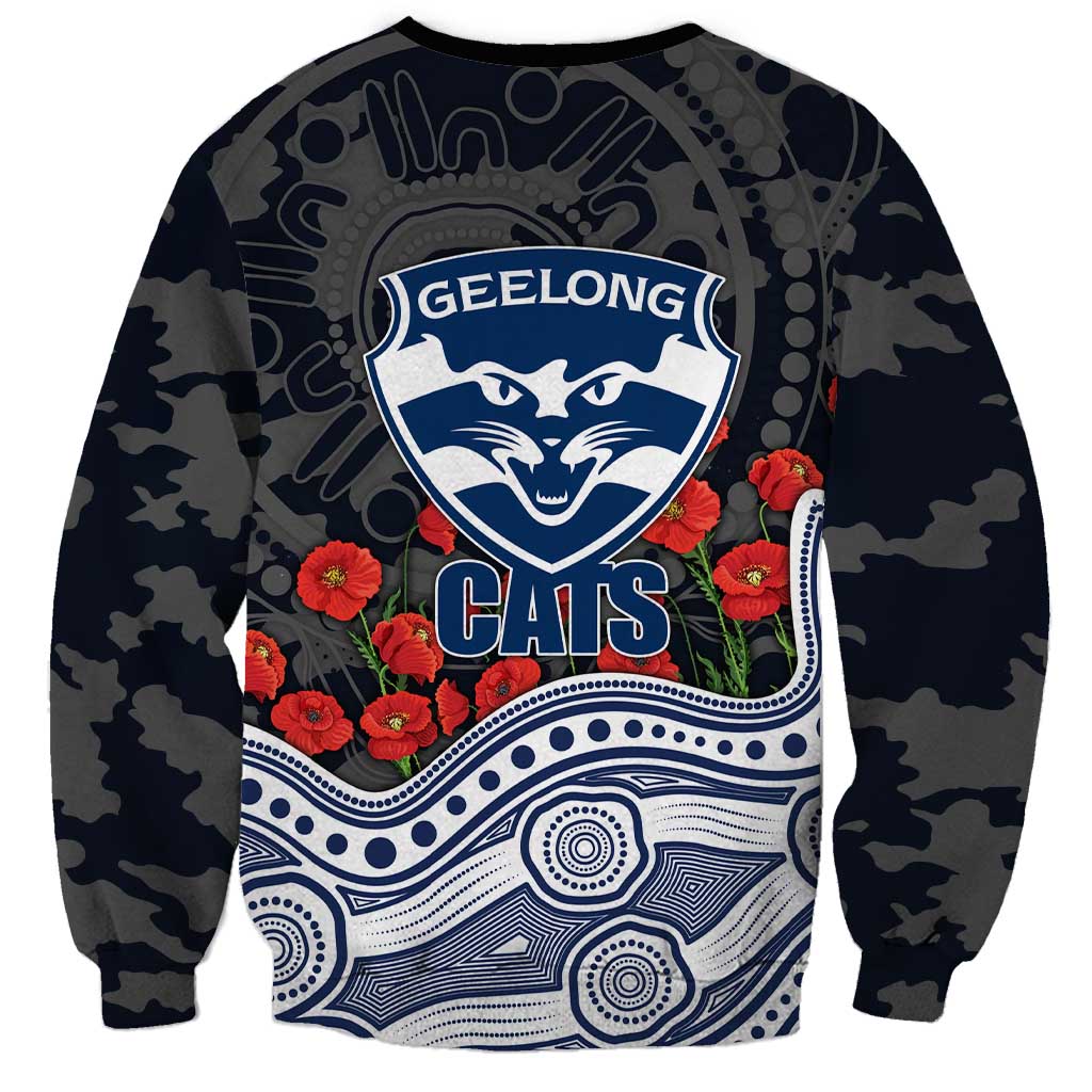Geelong Cats ANZAC Day Sweatshirt Indigenous Dot Art with Poppy Flower Tribute