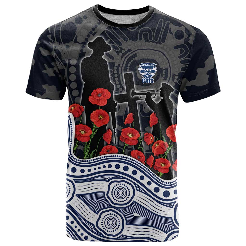 Geelong Cats ANZAC Day T Shirt Indigenous Dot Art with Poppy Flower Tribute