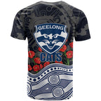 Geelong Cats ANZAC Day T Shirt Indigenous Dot Art with Poppy Flower Tribute