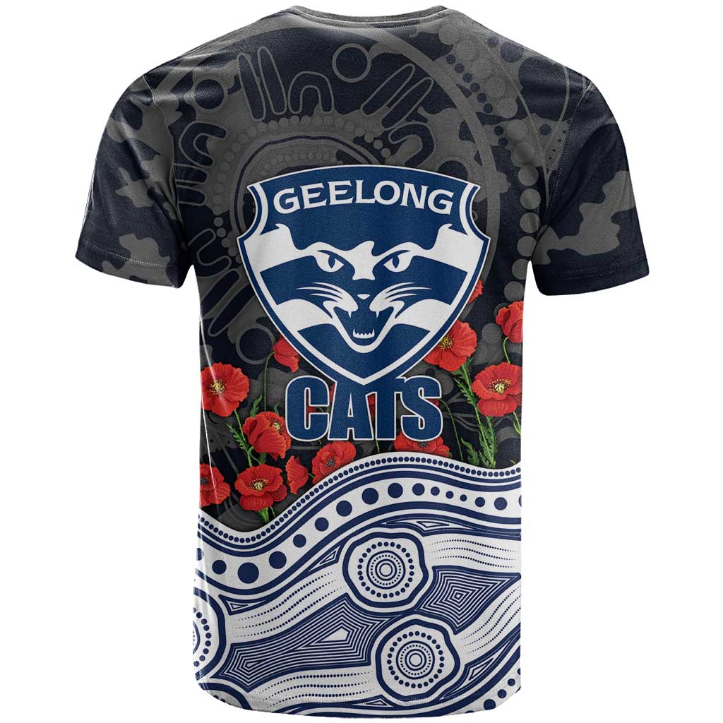 Geelong Cats ANZAC Day T Shirt Indigenous Dot Art with Poppy Flower Tribute