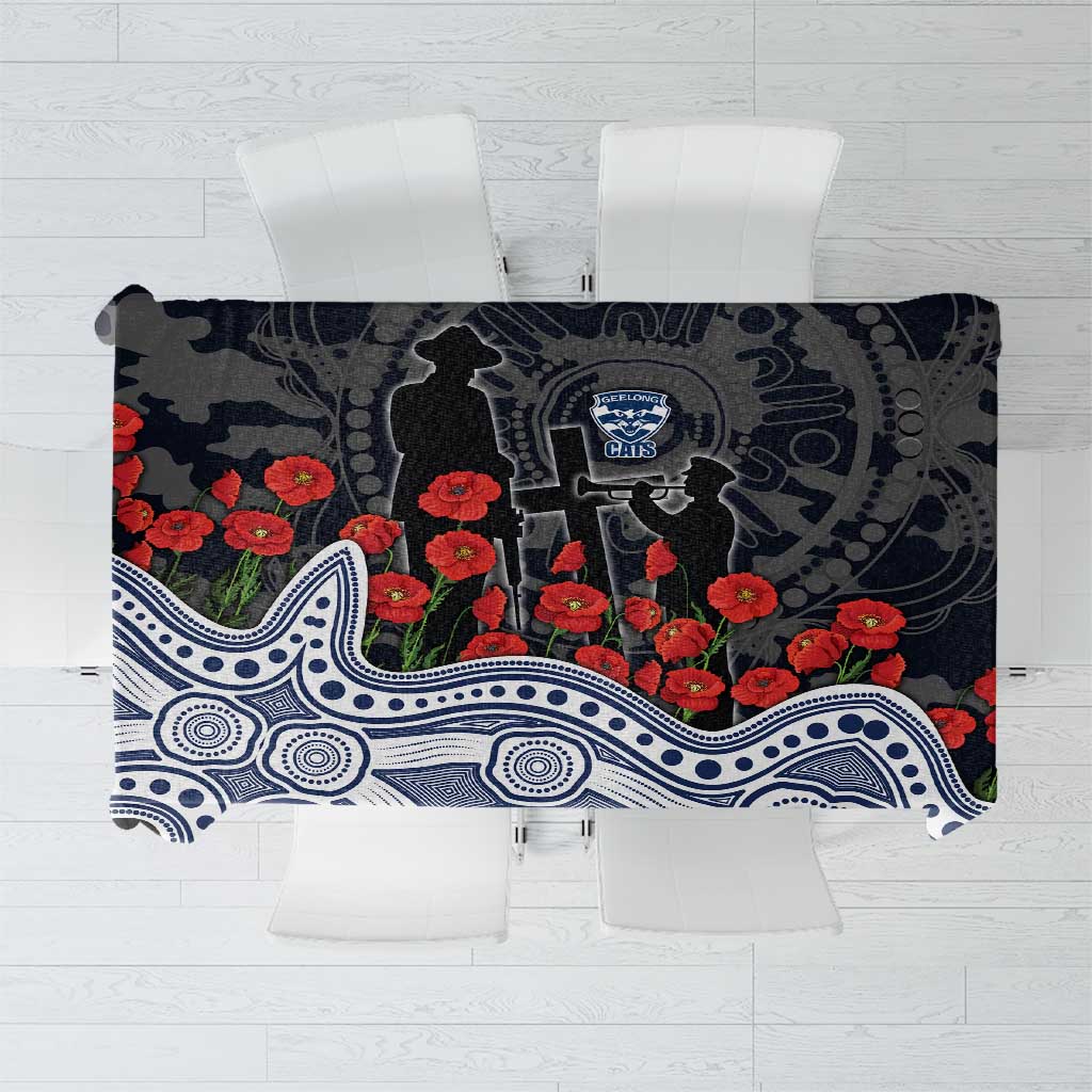 Geelong Cats ANZAC Day Tablecloth Indigenous Dot Art with Poppy Flower Tribute