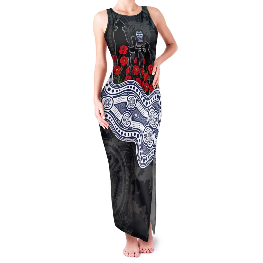 Geelong Cats ANZAC Day Tank Maxi Dress Indigenous Dot Art with Poppy Flower Tribute