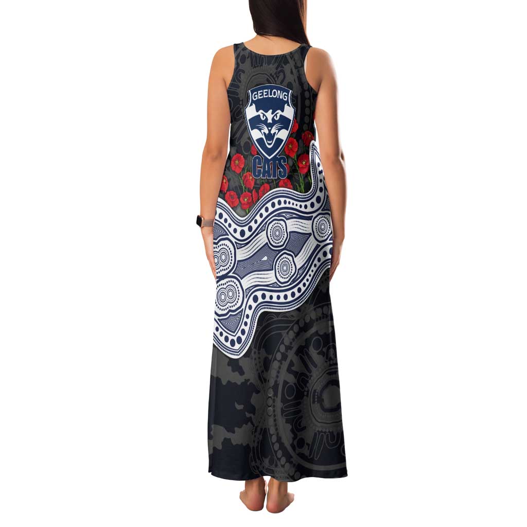 Geelong Cats ANZAC Day Tank Maxi Dress Indigenous Dot Art with Poppy Flower Tribute