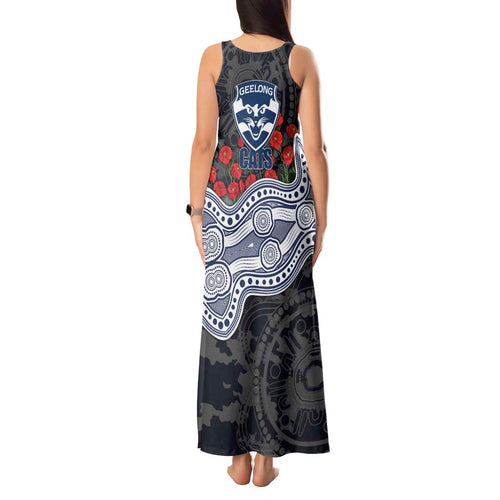 Geelong Cats ANZAC Day Tank Maxi Dress Indigenous Dot Art with Poppy Flower Tribute