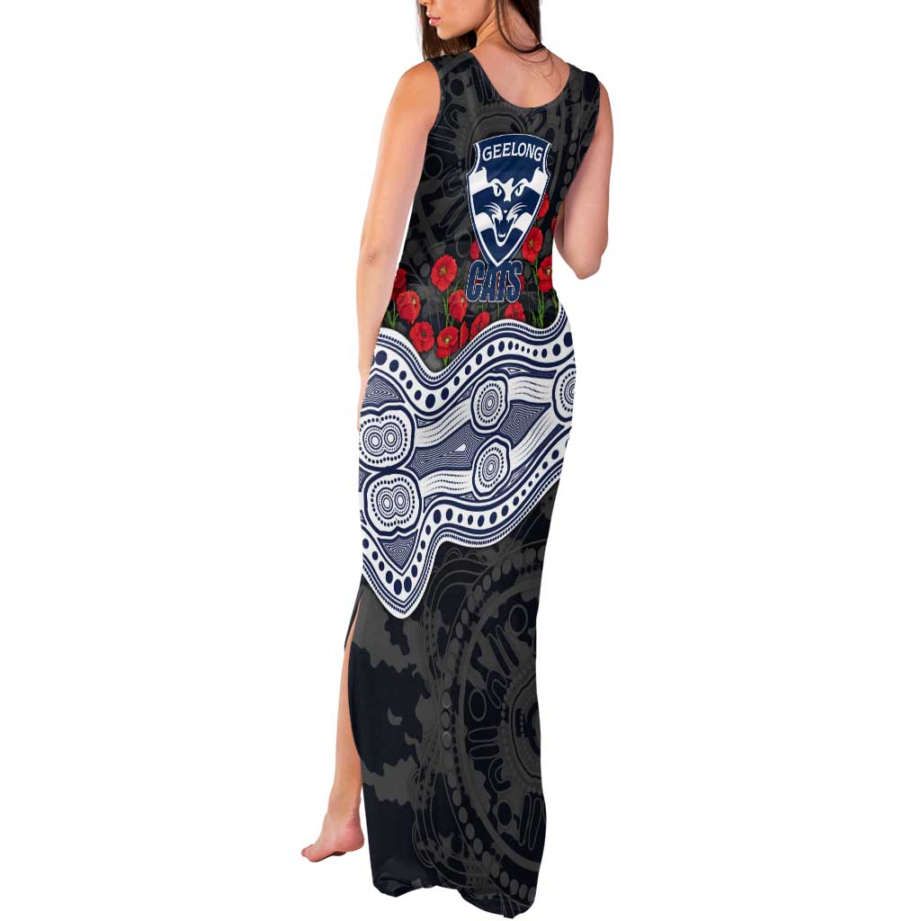 Geelong Cats ANZAC Day Tank Maxi Dress Indigenous Dot Art with Poppy Flower Tribute