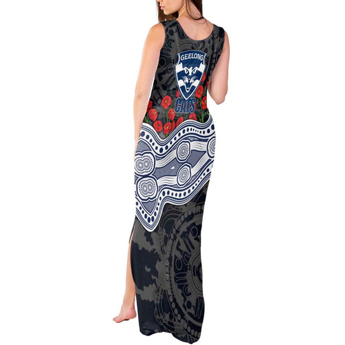 Geelong Cats ANZAC Day Tank Maxi Dress Indigenous Dot Art with Poppy Flower Tribute