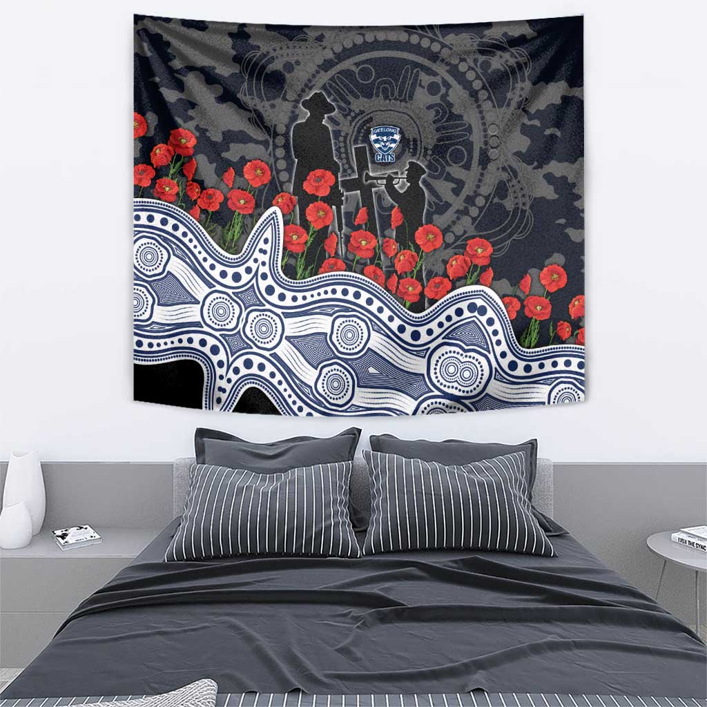 Geelong Cats ANZAC Day Tapestry Indigenous Dot Art with Poppy Flower Tribute