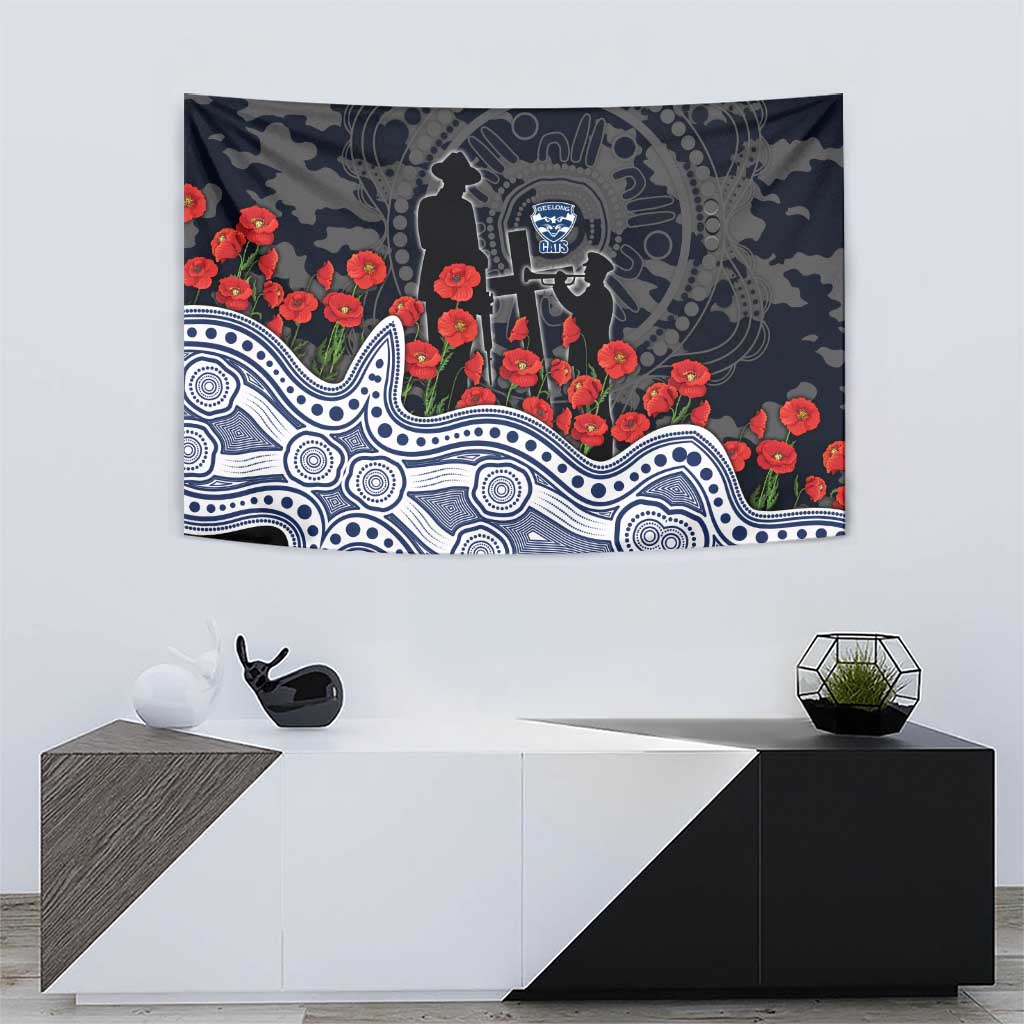 Geelong Cats ANZAC Day Tapestry Indigenous Dot Art with Poppy Flower Tribute