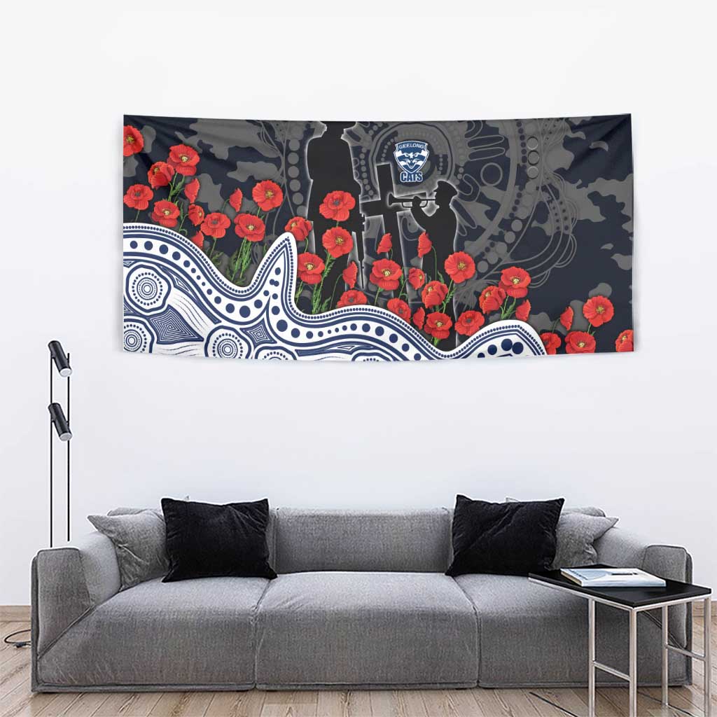 Geelong Cats ANZAC Day Tapestry Indigenous Dot Art with Poppy Flower Tribute