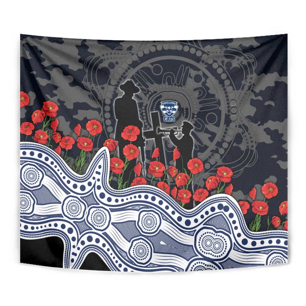 Geelong Cats ANZAC Day Tapestry Indigenous Dot Art with Poppy Flower Tribute