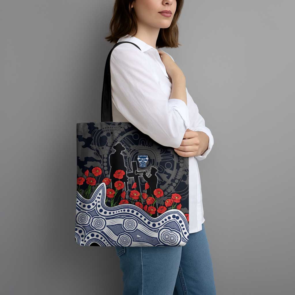 Geelong Cats ANZAC Day Tote Bag Indigenous Dot Art with Poppy Flower Tribute