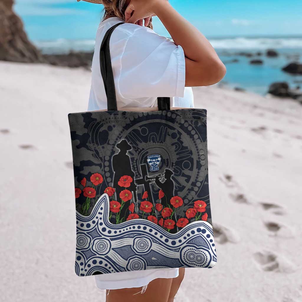 Geelong Cats ANZAC Day Tote Bag Indigenous Dot Art with Poppy Flower Tribute