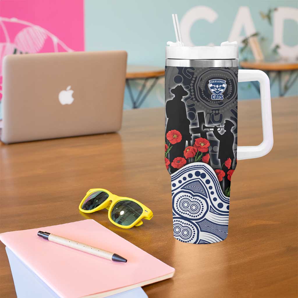 Geelong Cats ANZAC Day Tumbler With Handle Indigenous Dot Art with Poppy Flower Tribute